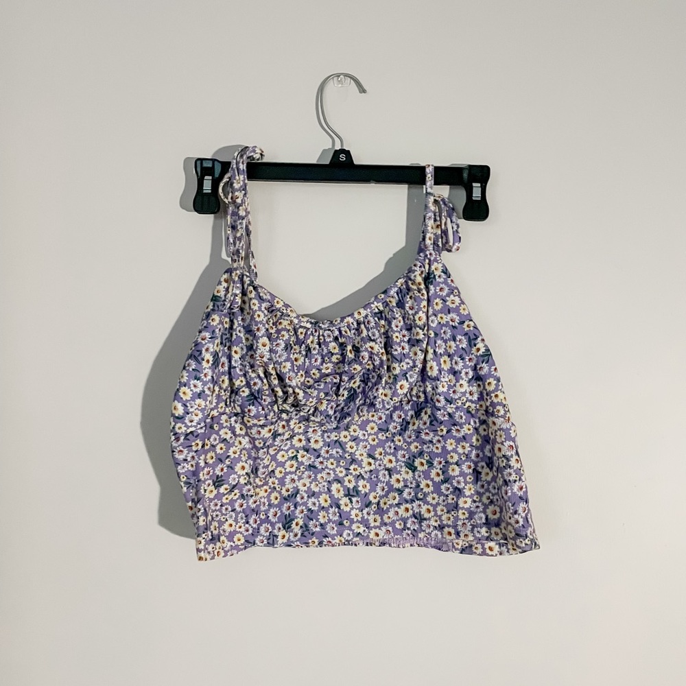 Shein Purple Floral String Tie Shirred Tank Top